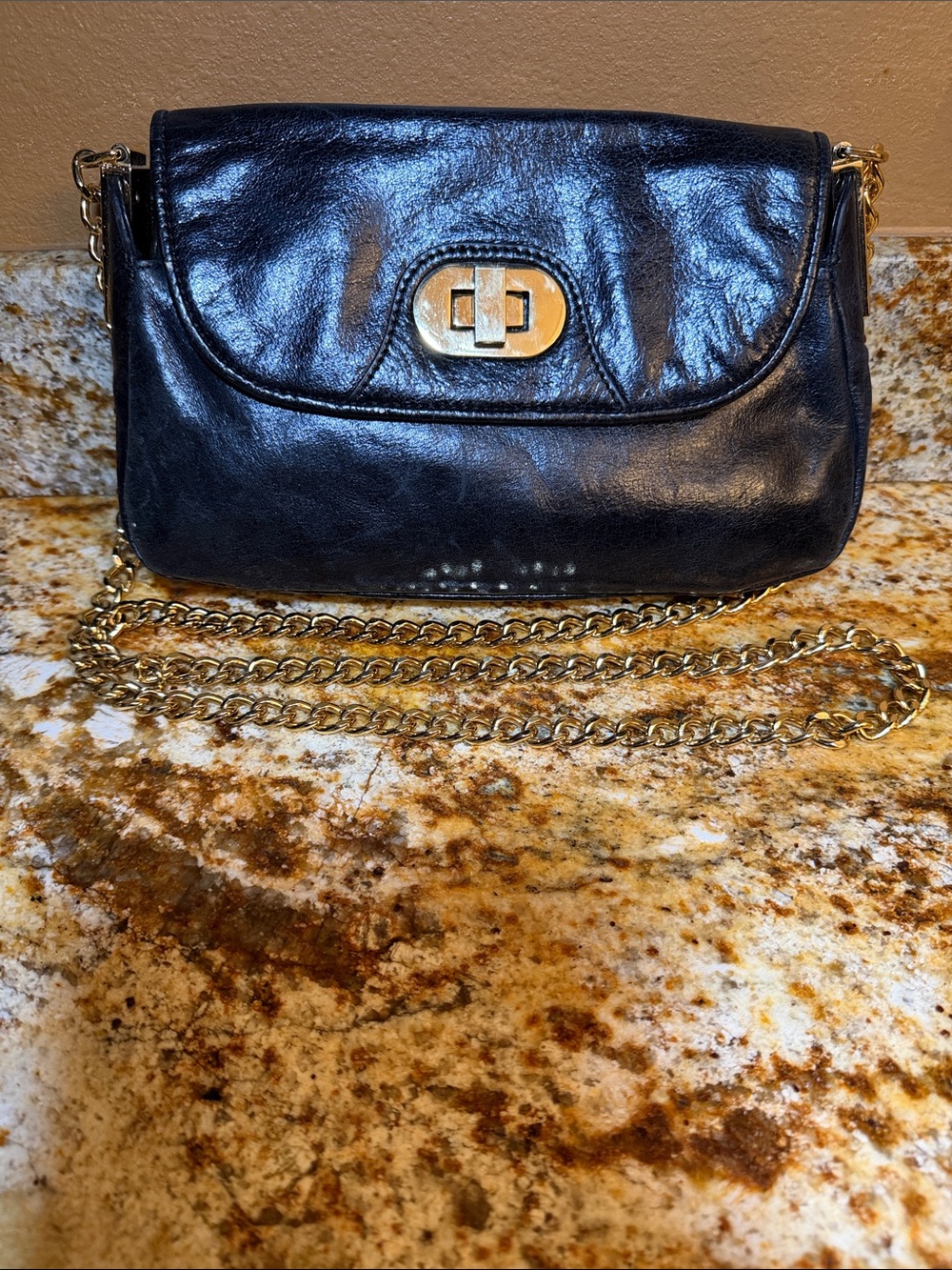 Badgley Mischka Black Leather Crossbody Bag with Gold Chain